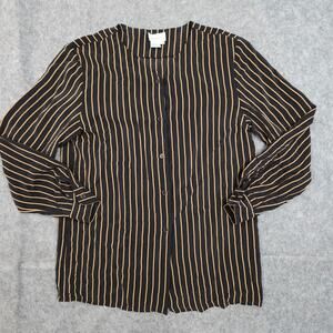 Neiman Marcus Top Womens 10 Silk Blouse Button Front Striped Collarless Long Slv